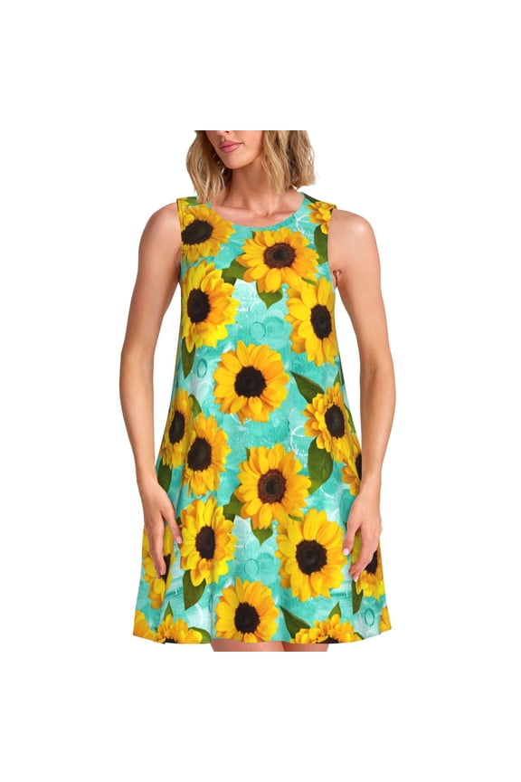 Sunflowers With Green Leaves Print Women’s Sleeveless Midi Swing Dress – A-Line Pleated Tank Sundress, Comfortable and Flowy T-Shirt Dress