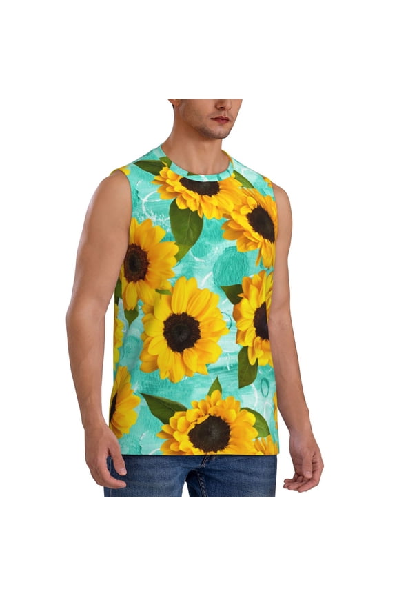 Sunflowers With Green Leaves mens Cotton Tank Undershirts , Moisture-wicking Ribbed Tanks, Lightweight Cotton Tank Undershirts-3X-Large