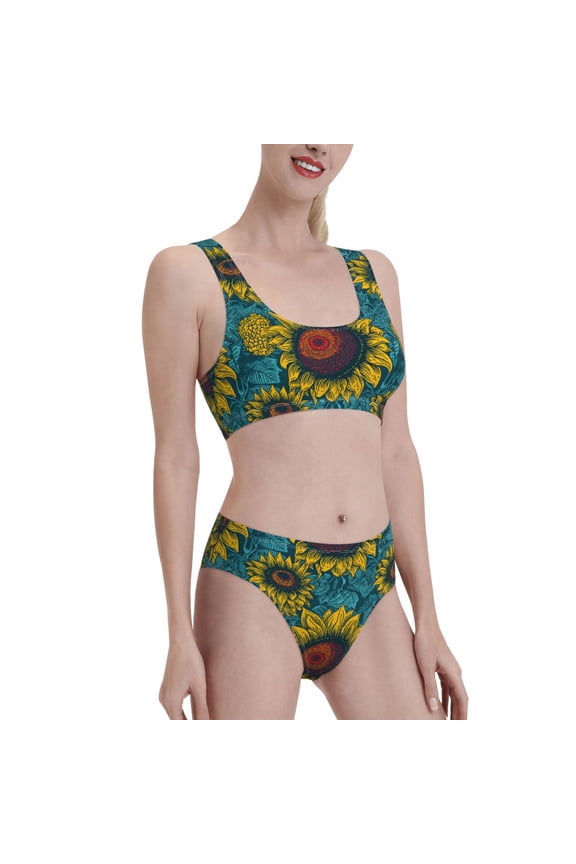 Sunflowers Women's High Waisted Bikini Scoop Neck Swimsuit Two Pieces Bathing Suit-Small