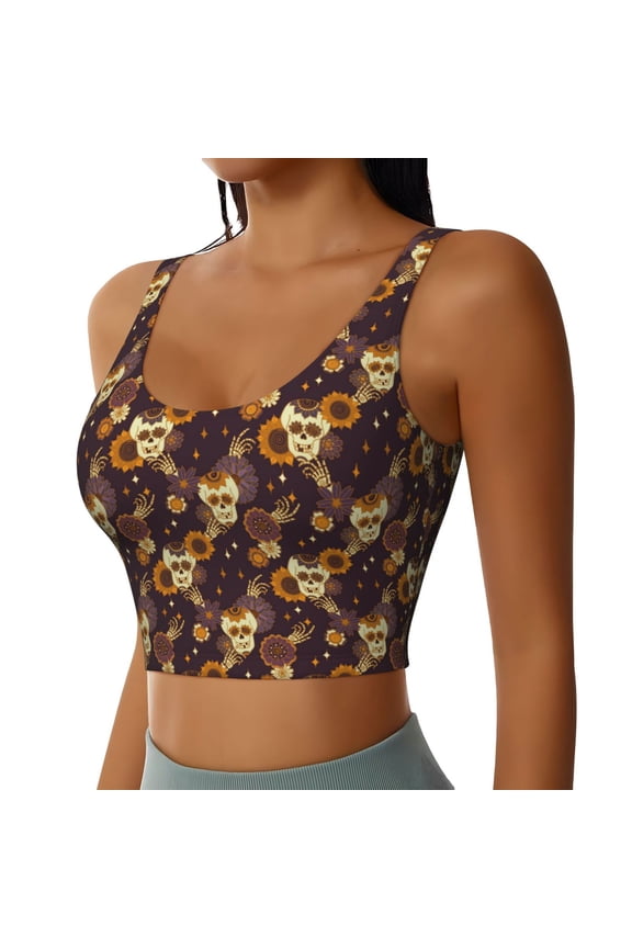 Sunflowers with Skull and Hand Sports Bra for Women,Padded Strappy Sports Bras Medium Support Yoga Bra with Removable Cups,Running Yoga Bra-