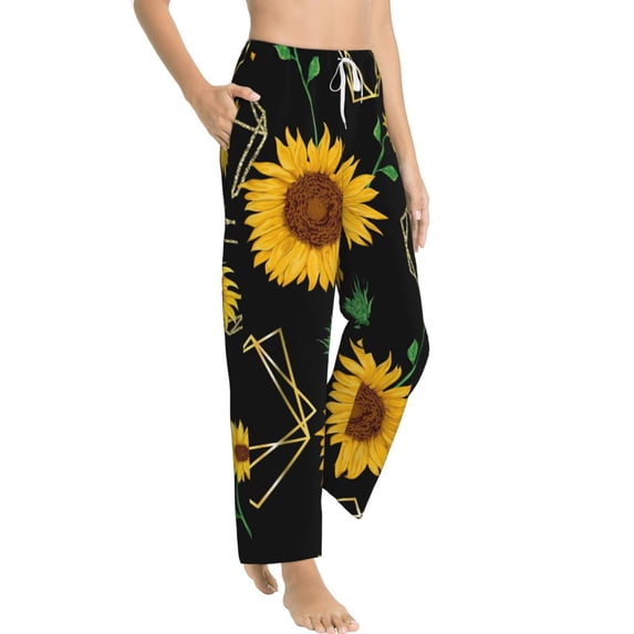 Picia Sunflowers3 Womens Soft Woven Cotton Elastic Waistband Sleep Pajama Pant Lounge Sleep Pant With Pockets And Drawstring-Small