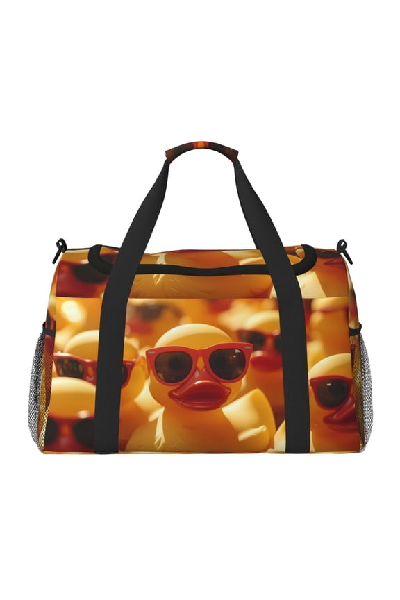 Sunglasses Yellow Duck Print Travel Duffle Bag,Weekender Bags for Women with Shoe Compartment, Gym Duffel Bag with Wet Pocket, Hospital Bags for Labor and Delivery