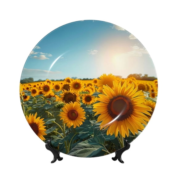 Picia Sunlit Sunflower Field Pattern Bone China Decorative Plate – Wall Decor with Stand and Adhesive, Elegant Ornament for Living Room, Office, or Entryway-8in