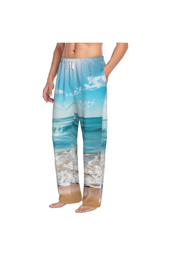 Sunny Ocean Waves Mens Soft Woven Cotton Elastic Waistband Sleep Pajama Pant Lounge Sleep Pant With Pockets And Drawstring-Small