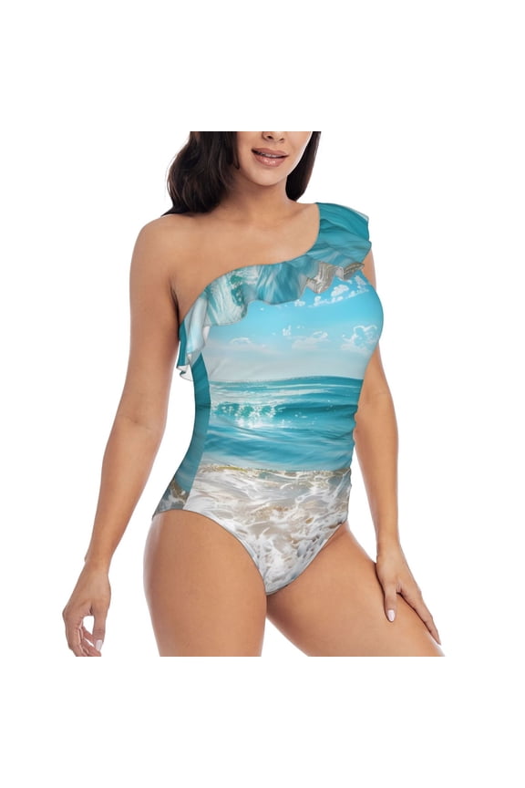 Sunny Ocean Waves Pattern Women's One Piece Swimsuits,One Shoulder Swimwear Asymmetric ,Ruffle Monokinis Bathing Suits,High Waisted Flattering Bathing Suits-Small