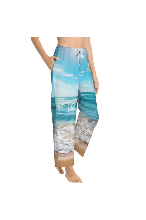 Sunny Ocean Waves Womens Soft Woven Cotton Elastic Waistband Sleep Pajama Pant Lounge Sleep Pant With Pockets And Drawstring-Medium