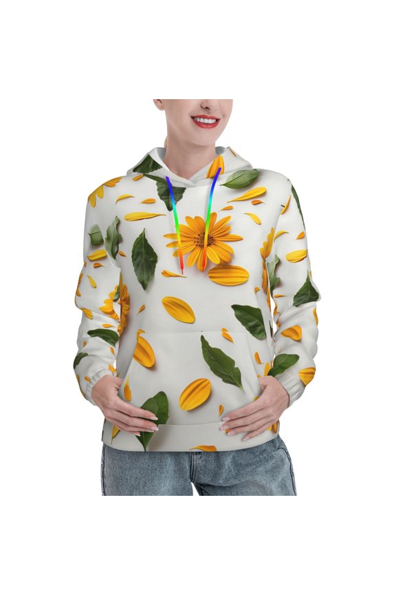 Sunny Yellow SunFlower Pattern Casual Women's Hoodie, Hooded Sweatshirt with Kangaroo Pocket, Comfortable Pullover with Eye-catching Drawstrings-Large