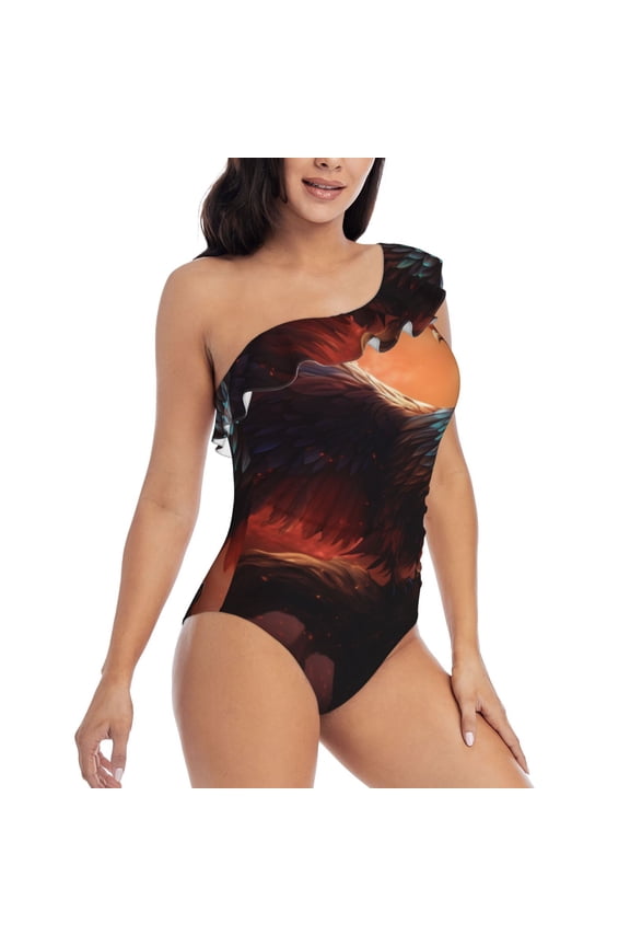 Sunset Blossoms Phoenix Perch Pattern Women's One Piece Swimsuits,One Shoulder Swimwear Asymmetric ,Ruffle Monokinis Bathing Suits,High Waisted Flattering Bathing Suits-Large