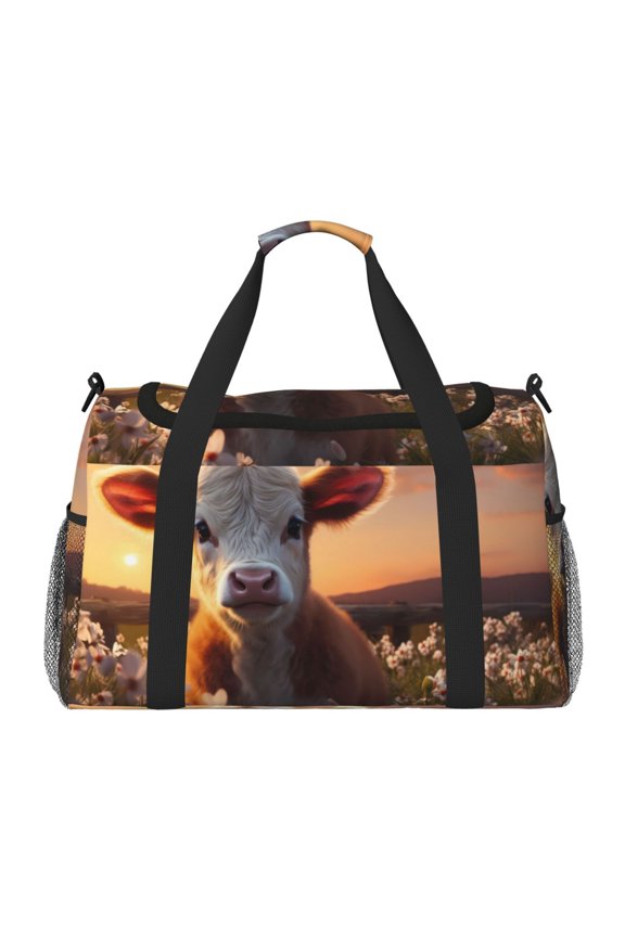 Sunset Calf Flower Field Print Travel Duffle Bag,Weekender Bags for Women with Shoe Compartment, Gym Duffel Bag with Wet Pocket, Hospital Bags for Labor and Delivery