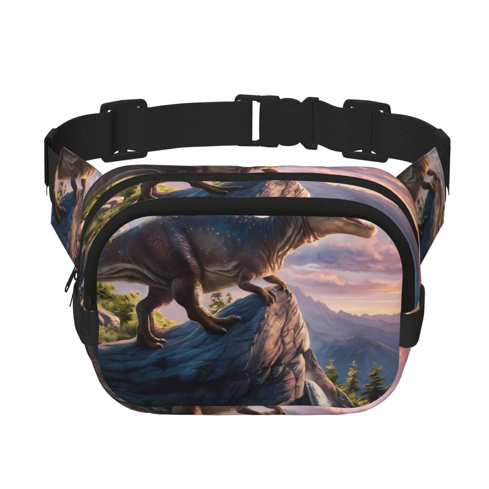 Picia Sunset Cliff Dinosaur Print Square Double-Layer Waist Bag Mini Adjustable Waist Belt Bag Exercise Running Travel Hiking