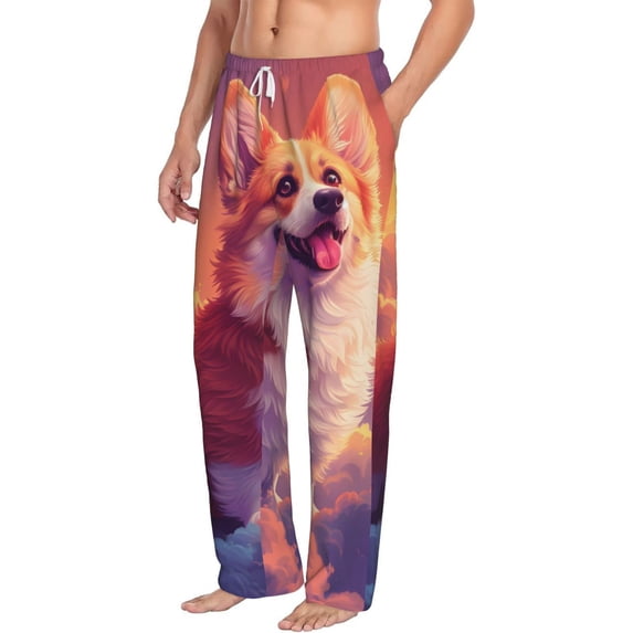 Picia Sunset Cloud Corgi Mens Soft Woven Cotton Elastic Waistband Sleep Pajama Pant Lounge Sleep Pant With Pockets And Drawstring-Large