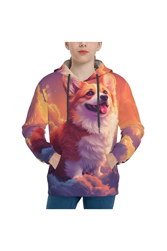 Sunset Cloud Corgi Pattern Youth Hoodie - Warm Pullover Sweatshirt with Kangaroo Pocket, Ideal for Boys and Girls-Large