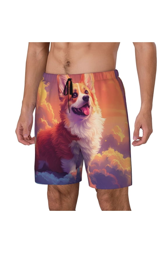 Sunset Cloud Corgi pattern Mens Swim Trunks with Compression Liner Stretch Beach Shorts Quick Dry with Zipper Pockets No-Chafing Board Shorts-Small