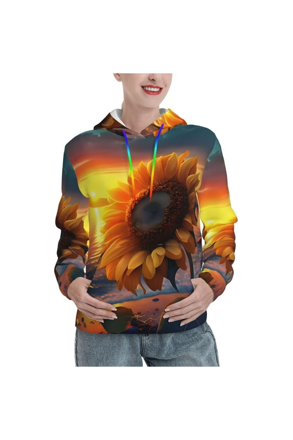 Sunset Coast Sunflower Pattern Casual Women's Hoodie, Hooded Sweatshirt with Kangaroo Pocket, Comfortable Pullover with Eye-catching Drawstrings-XX-Large