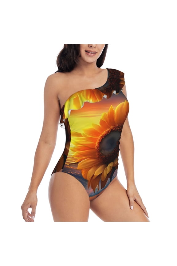 Sunset Coast Sunflower Pattern Women's One Piece Swimsuits,One Shoulder Swimwear Asymmetric ,Ruffle Monokinis Bathing Suits,High Waisted Flattering Bathing Suits-X-Large