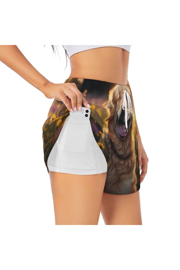 Sunset Daisy Dog Pattern Women's 2 in 1 Athletic Running Shorts High Waisted Workout Casual Gym Sweat Shorts with Comfy Liner Zipper Pockets-Medium