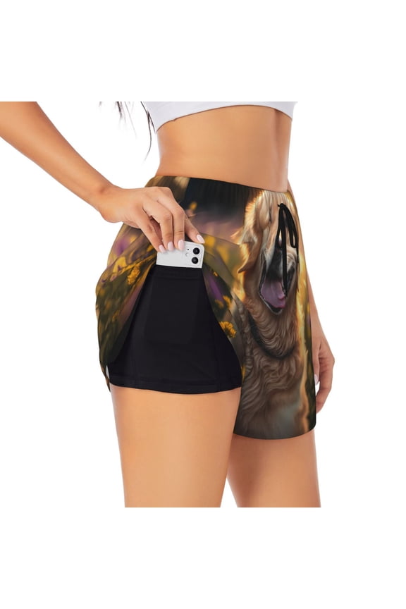 Sunset Daisy Dog Pattern Women's 2 in 1 Athletic Running Shorts High Waisted Workout Casual Gym Sweat Shorts with Comfy Liner Zipper Pockets-Medium