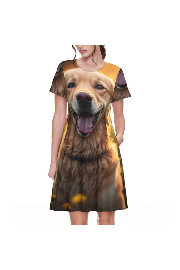 Sunset Daisy Dog Pattern Women's Short Sleeve Summer Dress Pleated Loose Swing Knee Length Short Sleeve Swing Dresses