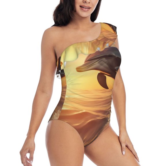 Picia Sunset Dancing Dolphin A Pattern Women's One Piece Swimsuits,One Shoulder Swimwear Asymmetric ,Ruffle Monokinis Bathing Suits,High Waisted Flattering Bathing Suits-X-Large