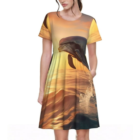 Picia Sunset Dancing Dolphin A Pattern Women's Short Sleeve Summer Dress Pleated Loose Swing Knee Length Short Sleeve Swing Dresses