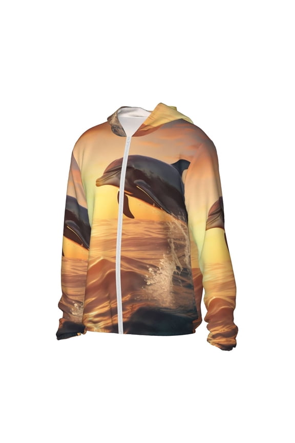 Sunset Dancing Dolphin A Women's Men's UPF 50+ Sun Protection Hoodie Shirt Long Sleeve SPF Fishing Outdoor UV Hiking Lightweight Shirts-XX-Large