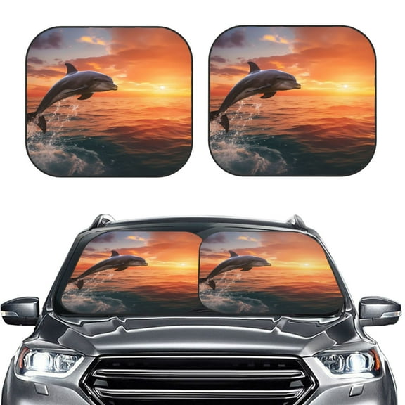 Picia Sunset Dancing Dolphin B 2 Piece Car Windshield Sun Shade Foldable | Foldable Sun Shield for Front Window Blocks UV Rays and Keeps Your Vehicle Cool-Small