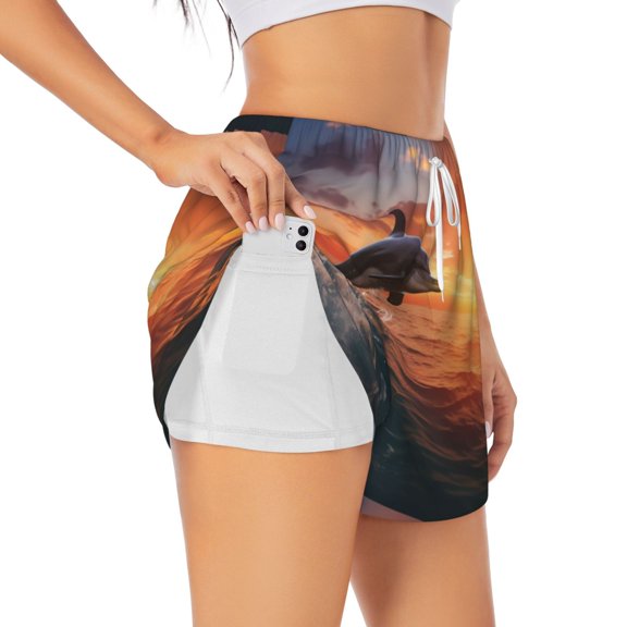 Picia Sunset Dancing Dolphin B Pattern Women's 2 in 1 Athletic Running Shorts High Waisted Workout Casual Gym Sweat Shorts with Comfy Liner Zipper Pockets-Large