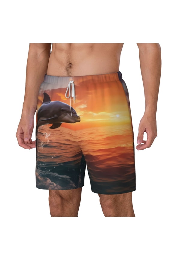 Sunset Dancing Dolphin B pattern Mens Swim Trunks with Compression Liner Stretch Beach Shorts Quick Dry with Zipper Pockets No-Chafing Board Shorts-Small