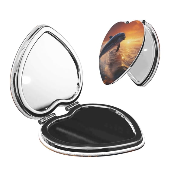 Picia Sunset Dancing Dolphin for Compact Vanity Mirror , Travel Makeup Mirror , Portable Magnifying Cosmetic Mirror for Daily, Work, Business-Heart Shape