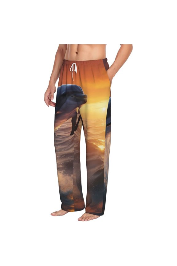 Sunset Dancing Dolphin Mens Soft Woven Cotton Elastic Waistband Sleep Pajama Pant Lounge Sleep Pant With Pockets And Drawstring-Medium
