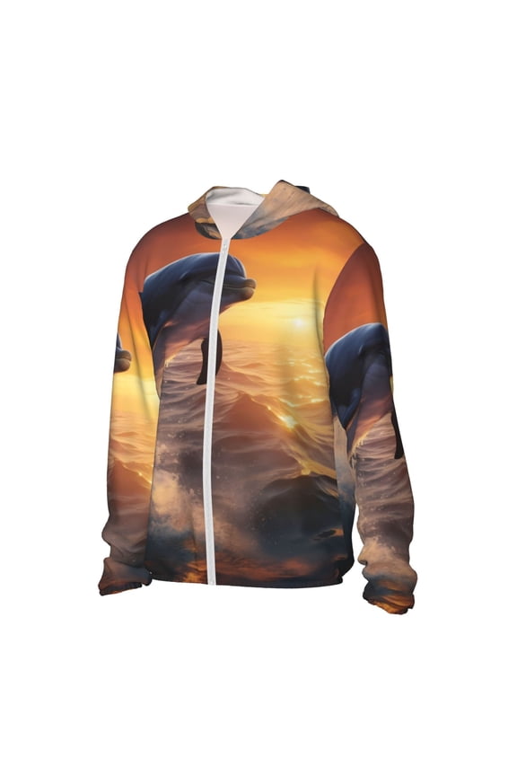 Sunset Dancing Dolphin Women's Men's UPF 50+ Sun Protection Hoodie Shirt Long Sleeve SPF Fishing Outdoor UV Hiking Lightweight Shirts-XX-Large