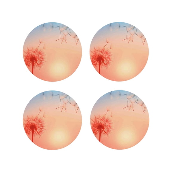 Picia The Sunset of Dandelion Printed Leather Coasters for Drinks, 4" Drink Coasters Set of 4 for Tabletop Protection, Handmade Luxurious Home Décor and Housewarming Gift -Round Shape