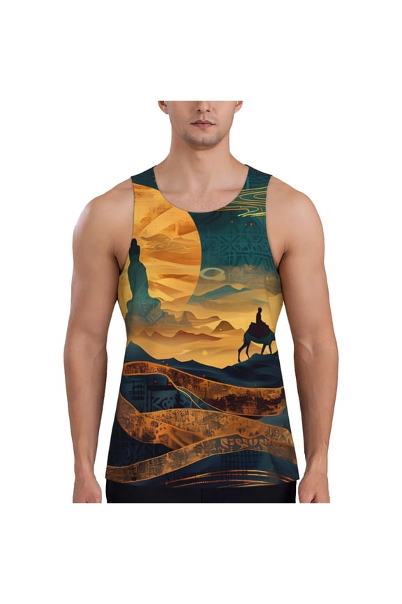 Sunset Desert Journey Printed Men’s Performance Tank, Men's Workout Tank Top Moisture-Wicking Tank Top Muscle tee, Breathable Workout Shirt-X-Large