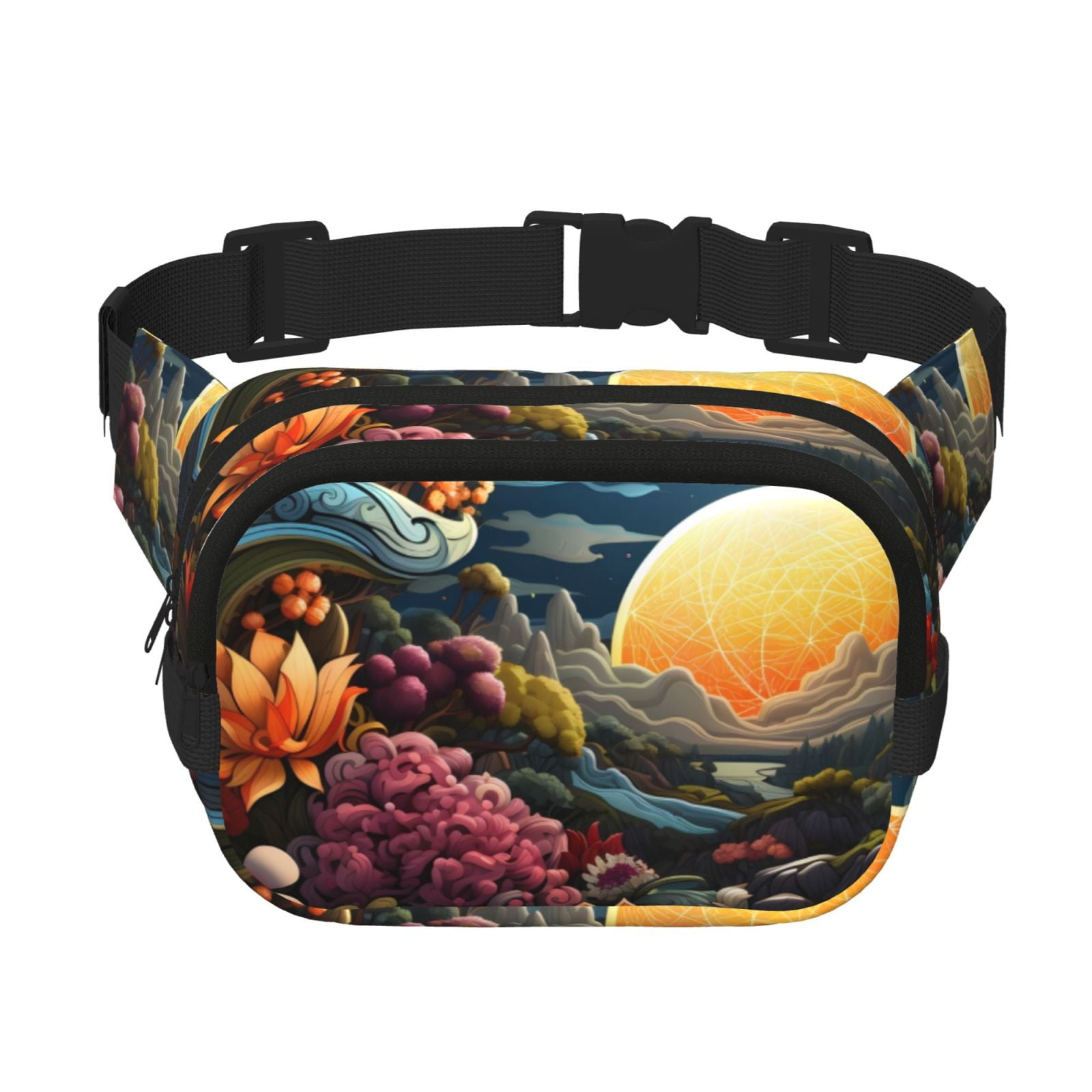 Picia Sunset Floral Fantasy Landscape Print Square Double-Layer Waist Bag Mini Adjustable Waist Belt Bag Exercise Running Travel Hiking