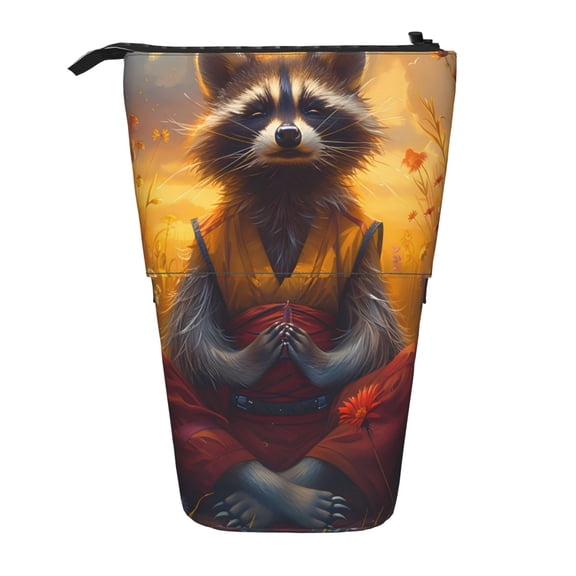 Picia Sunset Flower Meditating Raccoon Print Telescopic Pencil Case, Telescopic Pen Holder Telescopic Pencil Pouch Bag Stationery Pencil Case Box Storage Organizer Makeup Bag