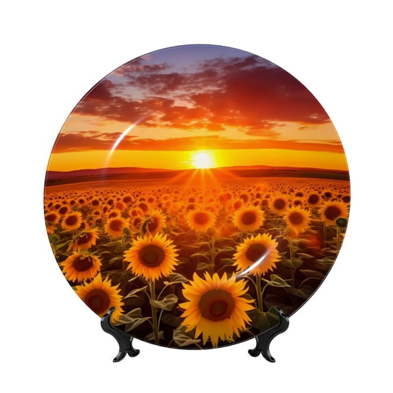 Picia Sunset Golden Sunflower Field Pattern Bone China Decorative Plate – Wall Decor with Stand and Adhesive, Elegant Ornament for Living Room, Office, or Entryway-7in