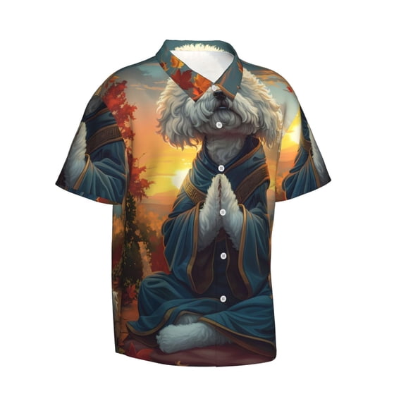 Picia Sunset Meditating Bichon Frise Gentle Cotton Regular Fit Short Sleeve Casual Hawaiian Shirt for Men-X-Large