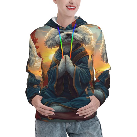 Picia Sunset Meditating Bichon Frise Pattern Casual Women's Hoodie, Hooded Sweatshirt with Kangaroo Pocket, Comfortable Pullover with Eye-catching Drawstrings-Medium