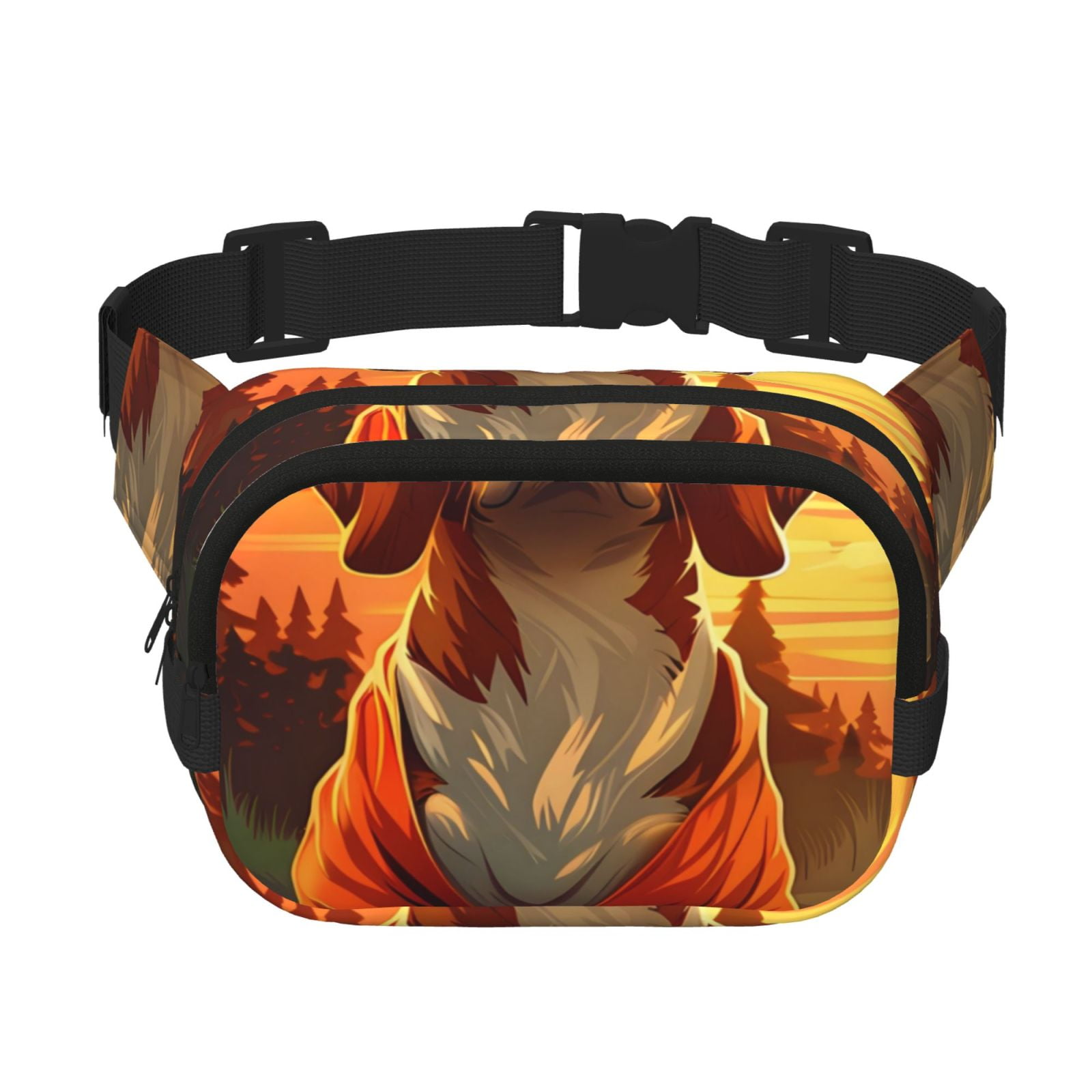 Picia Sunset Meditating Dog Print Square Double-Layer Waist Bag Mini Adjustable Waist Belt Bag Exercise Running Travel Hiking