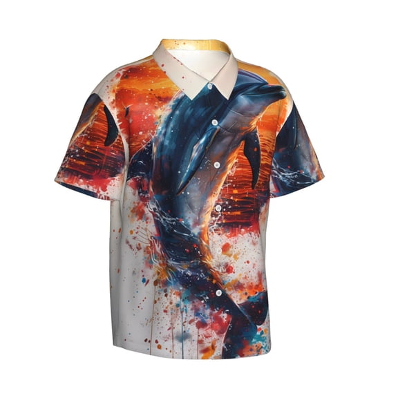 Picia Sunset Ocean Watercolor Dolphin Gentle Cotton Regular Fit Short Sleeve Casual Hawaiian Shirt for Men-XX-Large