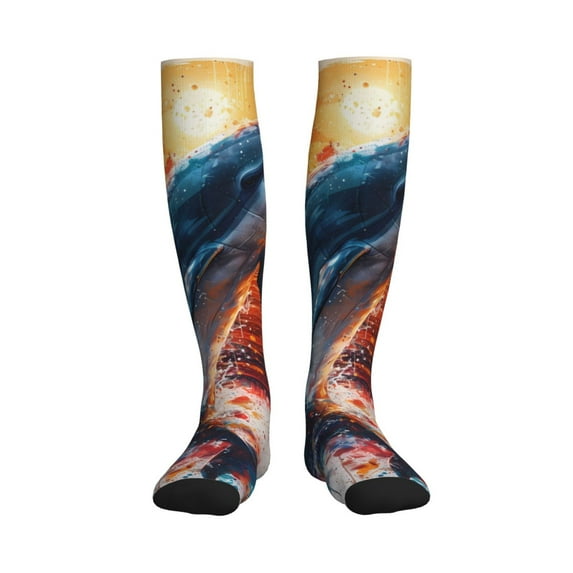 Picia Sunset Ocean Watercolor Dolphin Printed Sports Compression Socks - 15-20mmHg Graduated Compression, High-Performance Soft and Breathable Socks for Men and Women