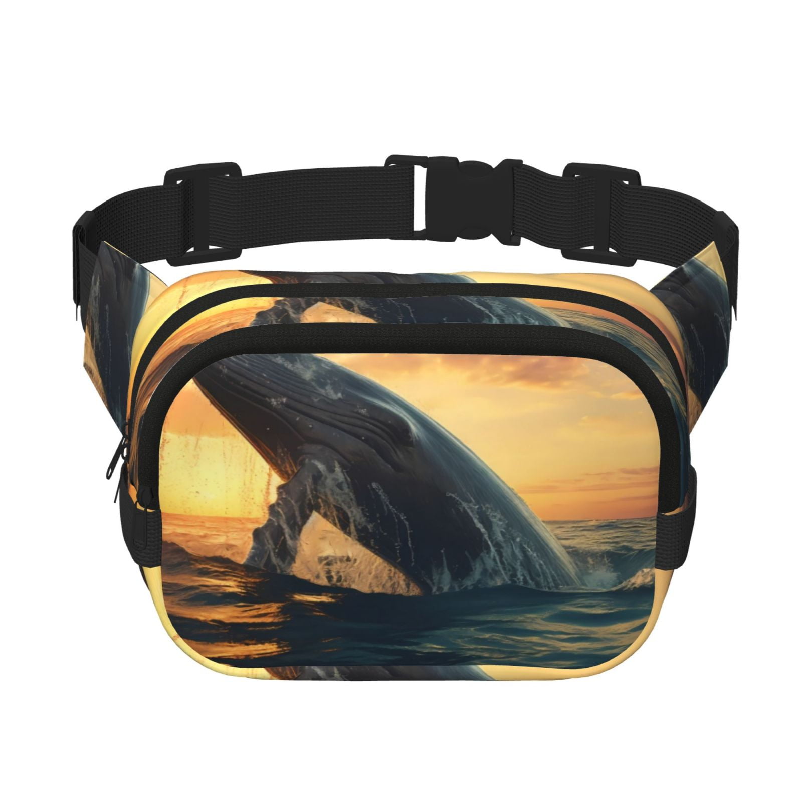 Picia Sunset Ocean Whale Print Square Double-Layer Waist Bag Mini Adjustable Waist Belt Bag Exercise Running Travel Hiking