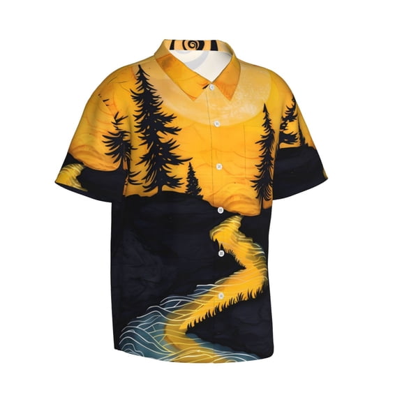 Picia Sunset River Pine Trees Gentle Cotton Regular Fit Short Sleeve Casual Hawaiian Shirt for Men-Large