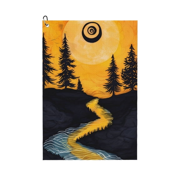 Picia Sunset River Pine Trees Microfiber Golf Towel (24" X 16") with Carabiner Clip, Waffle Pattern Hook - Golf Accessories and Gifts, Father's Day, Christmas, Birthday Gift