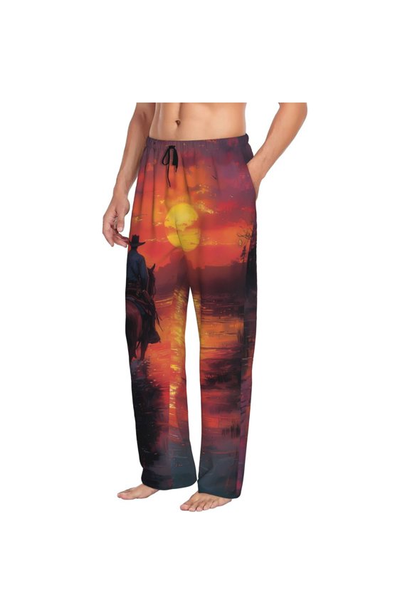 Sunset River Western Cowboy Mens Soft Woven Cotton Elastic Waistband Sleep Pajama Pant Lounge Sleep Pant With Pockets And Drawstring-X-Large