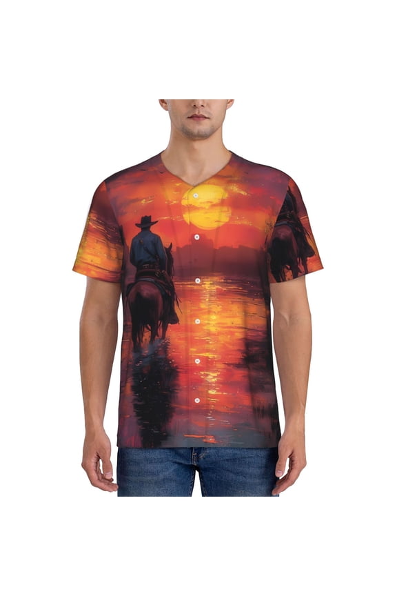 Sunset River Western Cowboy Pattern Mens Polo Shirts Quick Dry Short Sleeve Golf T Shirt Performance Moisture Wicking Casual Workout Baseball T-shirt-
