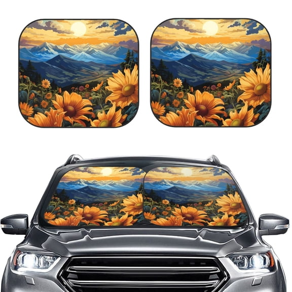 Picia Sunset Sky Sunflower 2 Piece Car Windshield Sun Shade Foldable | Foldable Sun Shield for Front Window Blocks UV Rays and Keeps Your Vehicle Cool-Large
