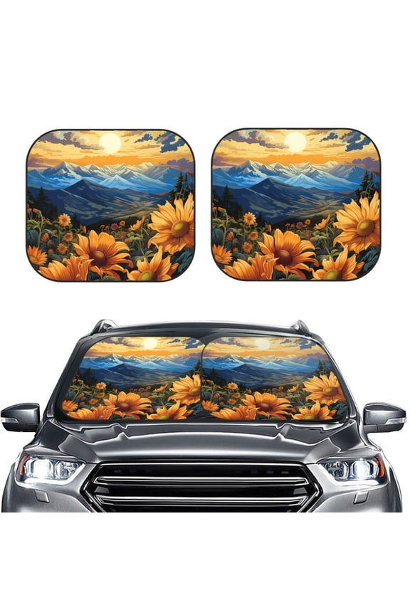 Sunset Sky Sunflower 2 Piece Car Windshield Sun Shade Foldable | Foldable Sun Shield for Front Window Blocks UV Rays and Keeps Your Vehicle Cool-Large