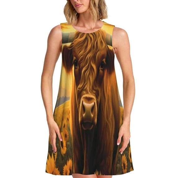 Picia Sunset Sunflower Cow A Print Women’s Sleeveless Midi Swing Dress – A-Line Pleated Tank Sundress, Comfortable and Flowy T-Shirt Dress