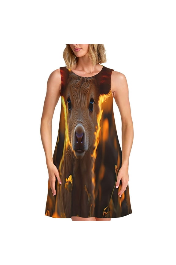 Sunset Sunflower Cow Print Women’s Sleeveless Midi Swing Dress – A-Line Pleated Tank Sundress, Comfortable and Flowy T-Shirt Dress